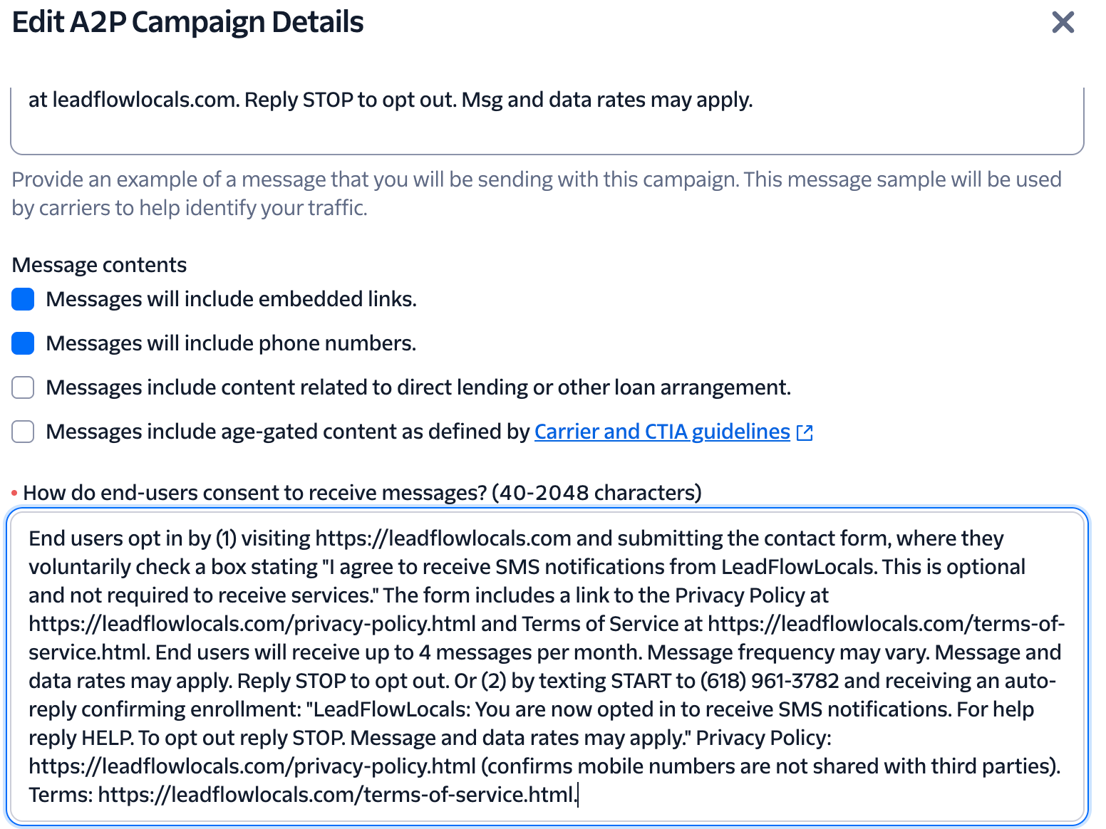 Twilio campaign opt-in keyword configuration