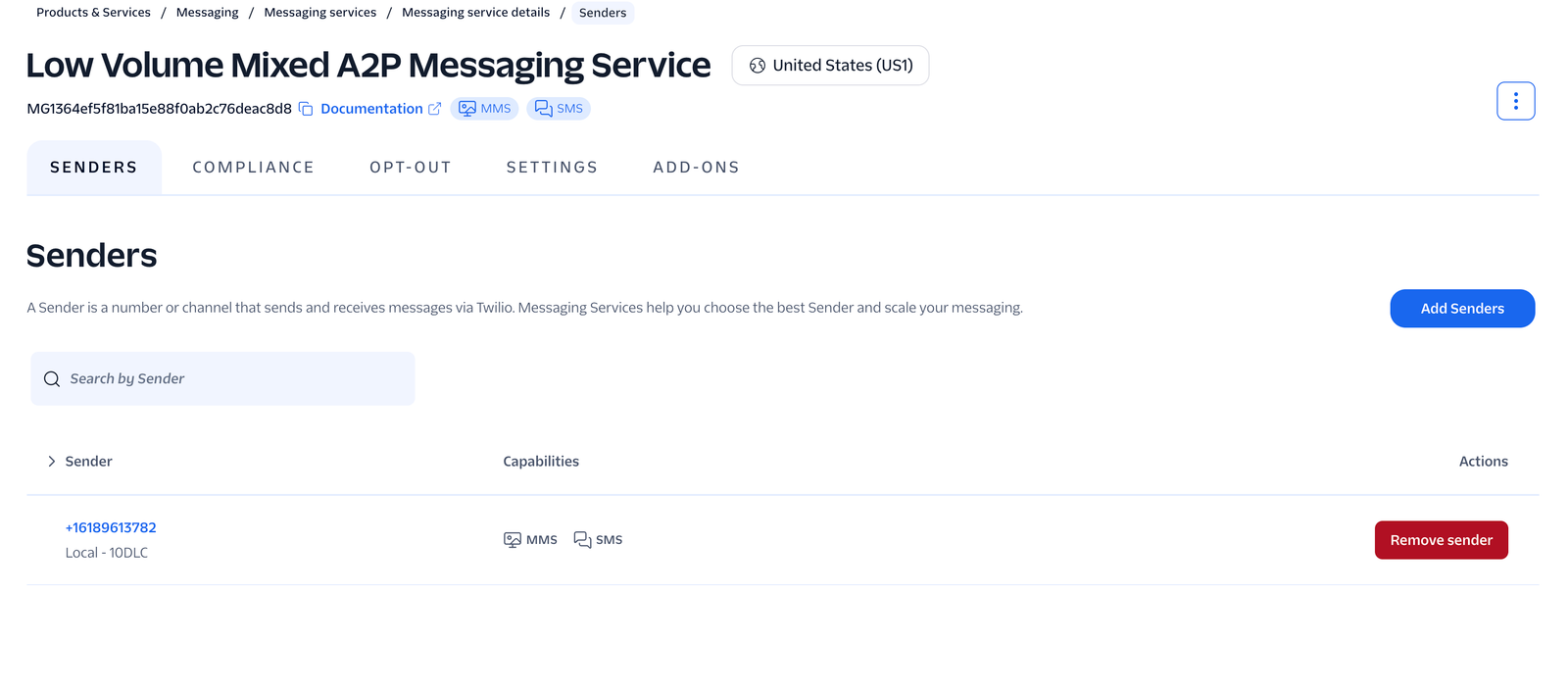 Twilio Messaging Service configuration