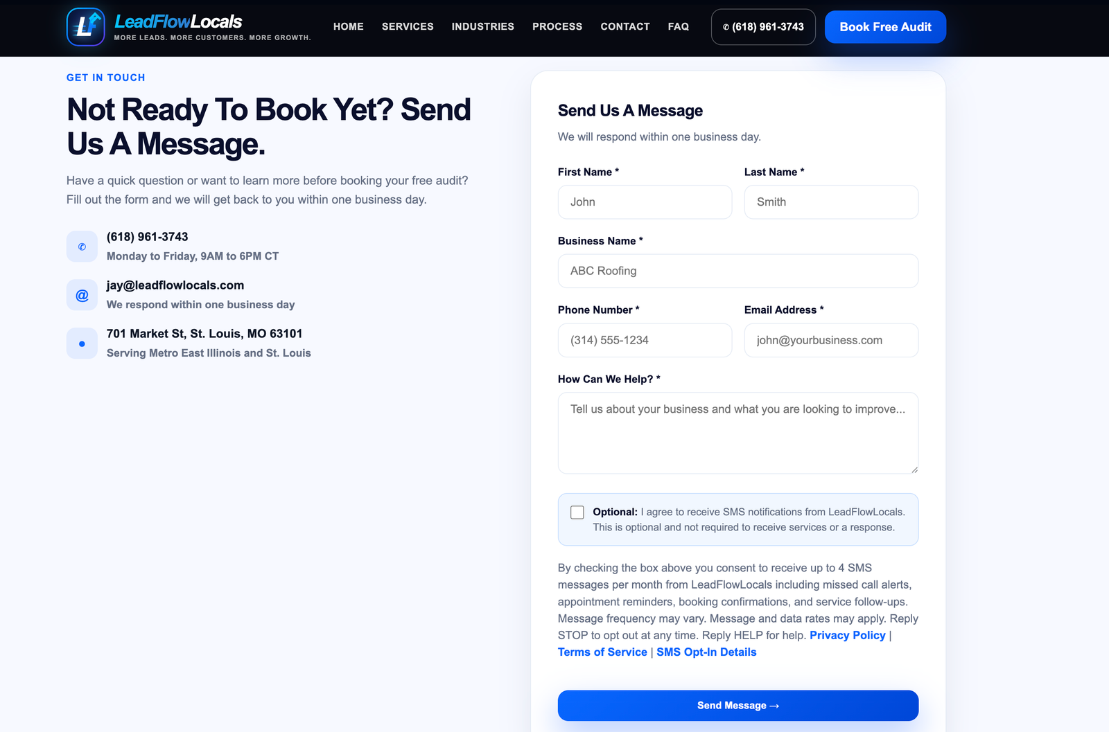 LeadFlowLocals contact form with optional SMS consent checkbox